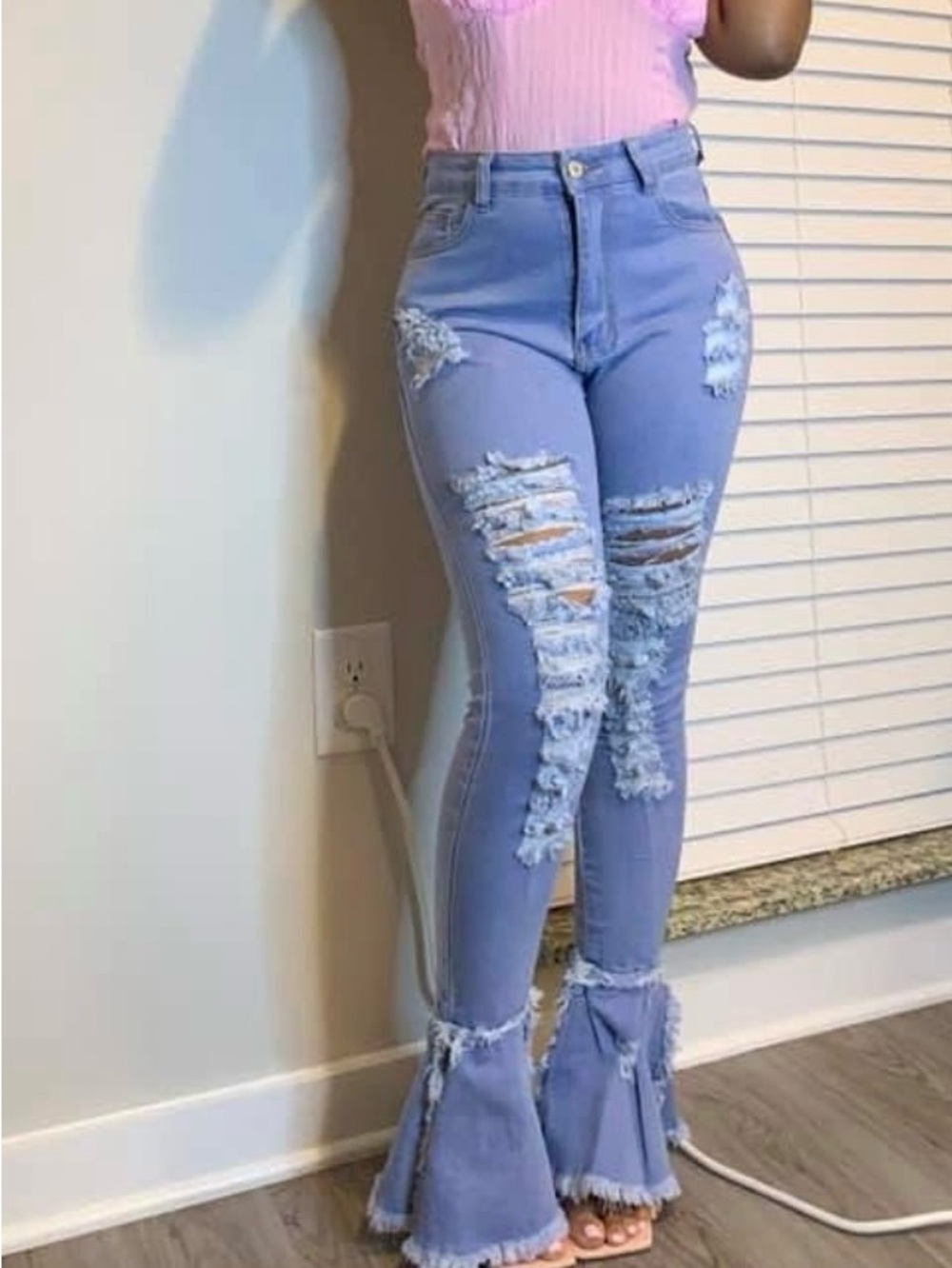 Shein High-Waist Distressed Flare Jeans - Light Blue
